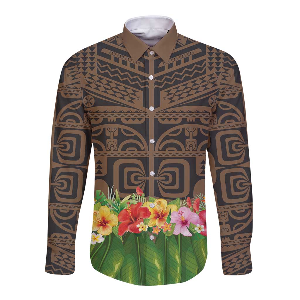 Hawaiian Hula Costume Long Sleeve Button Shirt Tribal Tattoo and Tropical Plants Skirt - Polynesian Pride