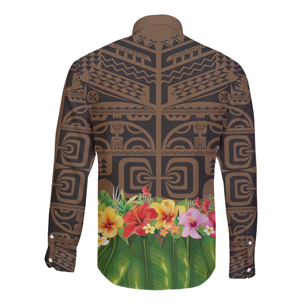 Hawaiian Hula Costume Long Sleeve Button Shirt Tribal Tattoo and Tropical Plants Skirt - Polynesian Pride