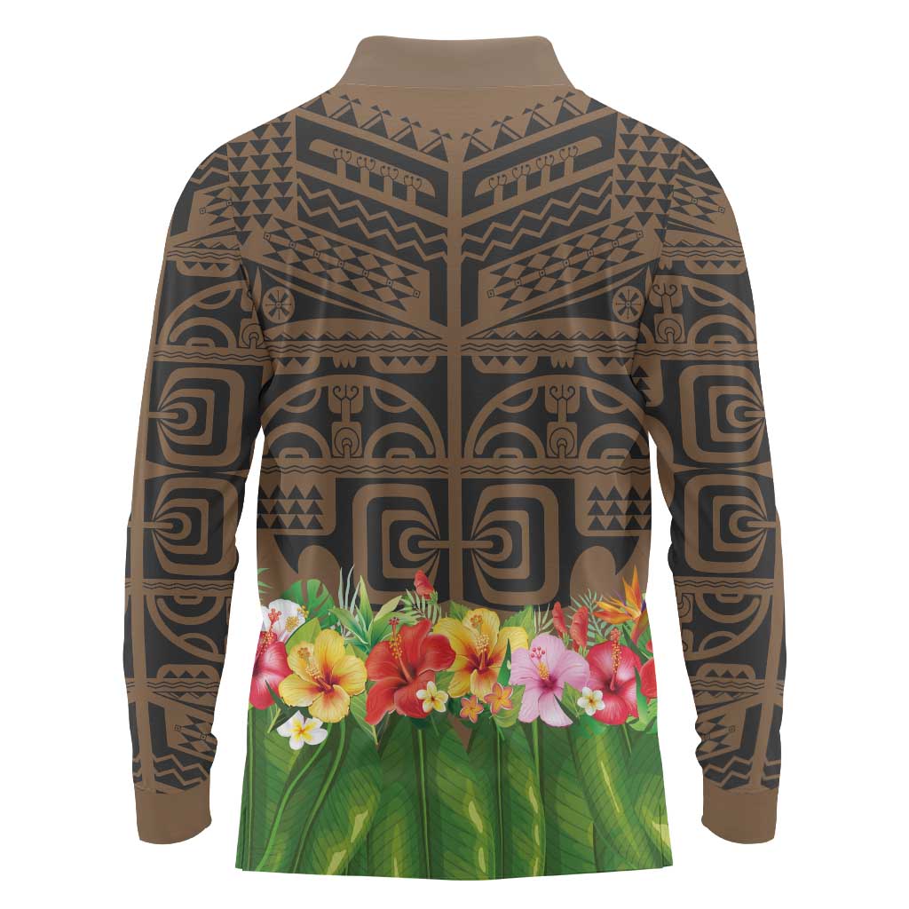 Hawaiian Hula Costume Long Sleeve Polo Shirt Tribal Tattoo and Tropical Plants Skirt - Polynesian Pride
