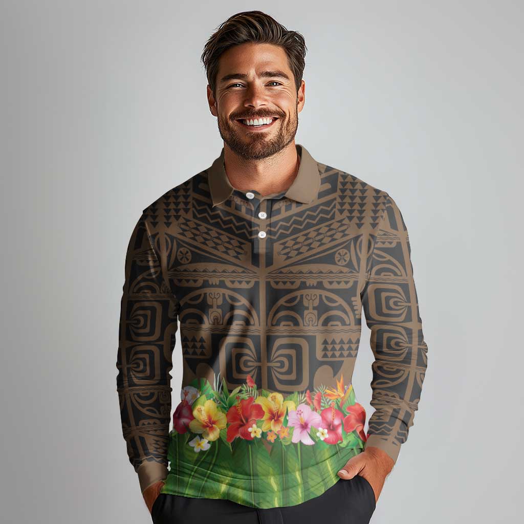 Hawaiian Hula Costume Long Sleeve Polo Shirt Tribal Tattoo and Tropical Plants Skirt - Polynesian Pride