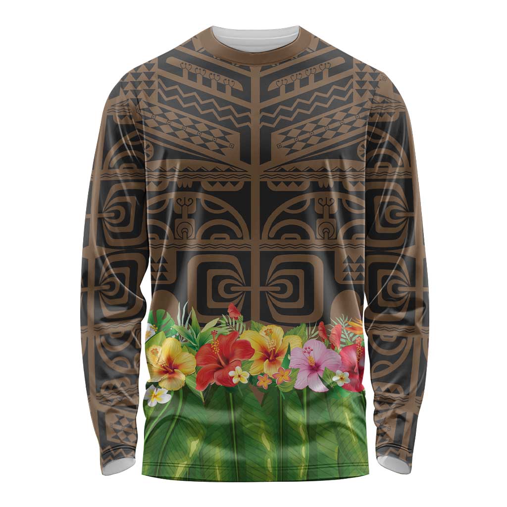 Hawaiian Hula Costume Long Sleeve Shirt Tribal Tattoo and Tropical Plants Skirt - Polynesian Pride