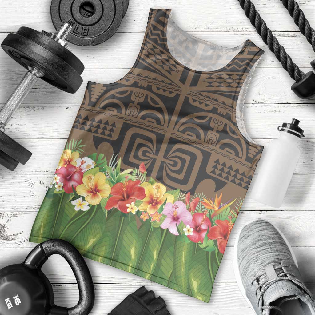 Hawaiian Hula Costume Men Tank Top Tribal Tattoo and Tropical Plants Skirt - Polynesian Pride