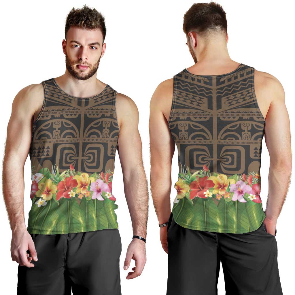 Hawaiian Hula Costume Men Tank Top Tribal Tattoo and Tropical Plants Skirt - Polynesian Pride