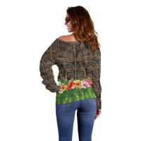 Hawaiian Hula Costume Off Shoulder Sweater Tribal Tattoo and Tropical Plants Skirt - Polynesian Pride
