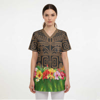 Hawaiian Hula Costume Scrub Top Tribal Tattoo and Tropical Plants Skirt - Polynesian Pride