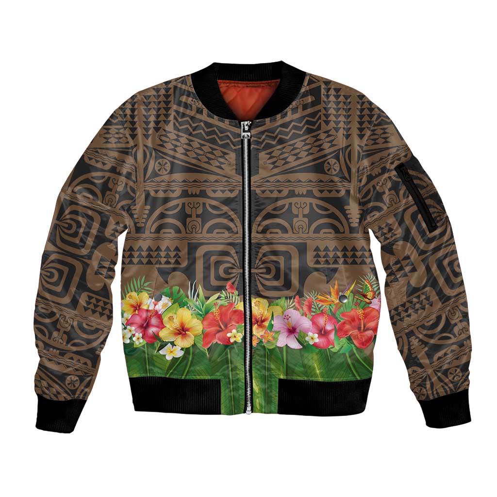 Hawaiian Hula Costume Sleeve Zip Bomber Jacket Tribal Tattoo and Tropical Plants Skirt LT03 Unisex Brown - Polynesian Pride