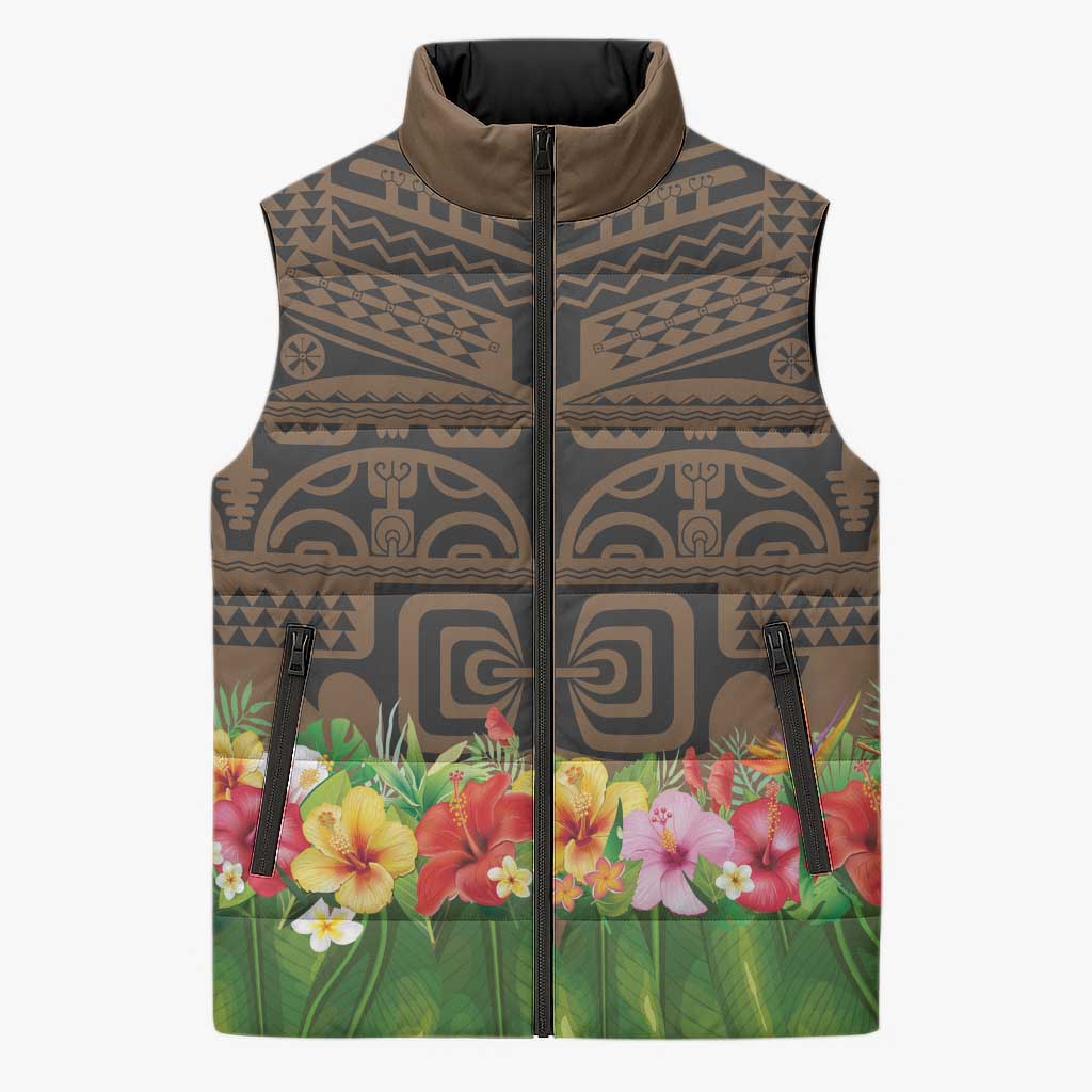 Hawaiian Hula Costume Sleeveless Puffer Jacket Tribal Tattoo and Tropical Plants Skirt - Polynesian Pride