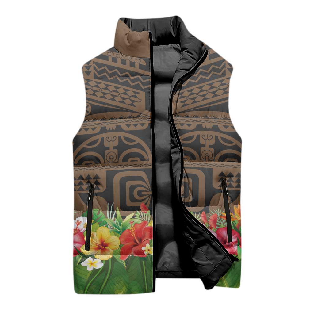 Hawaiian Hula Costume Sleeveless Puffer Jacket Tribal Tattoo and Tropical Plants Skirt - Polynesian Pride