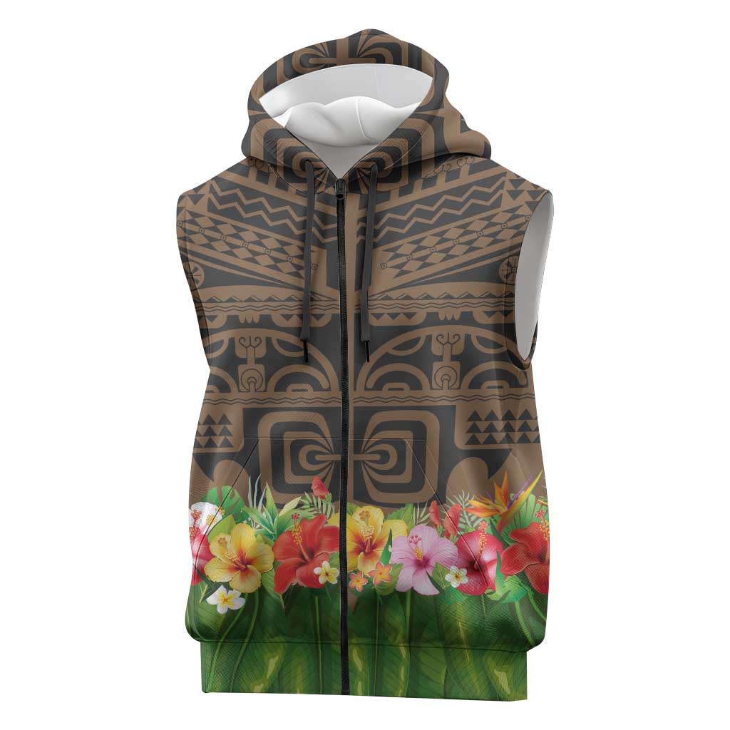 Hawaiian Hula Costume Sleeveless Zip Hoodie Tribal Tattoo and Tropical Plants Skirt - Polynesian Pride