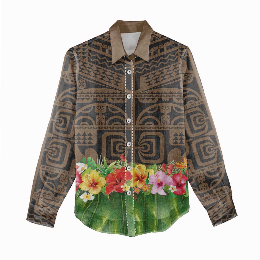 Hawaiian Hula Costume Women Casual Shirt Tribal Tattoo and Tropical Plants Skirt - Polynesian Pride