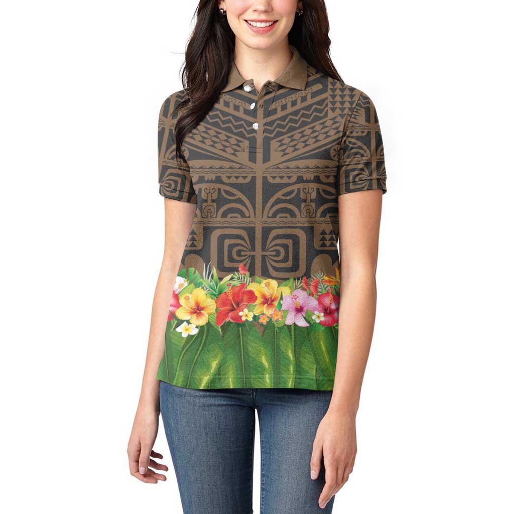 Hawaiian Hula Costume Women Polo Shirt Tribal Tattoo and Tropical Plants Skirt - Polynesian Pride
