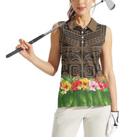 Hawaiian Hula Costume Women Sleeveless Polo Shirt Tribal Tattoo and Tropical Plants Skirt - Polynesian Pride
