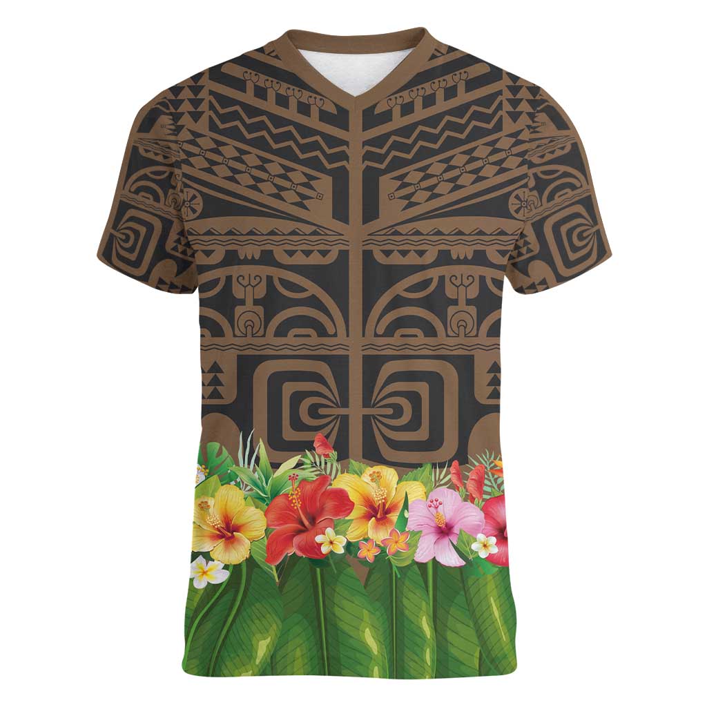 Hawaiian Hula Costume Women V-Neck T-Shirt Tribal Tattoo and Tropical Plants Skirt - Polynesian Pride
