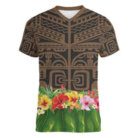 Hawaiian Hula Costume Women V-Neck T-Shirt Tribal Tattoo and Tropical Plants Skirt - Polynesian Pride