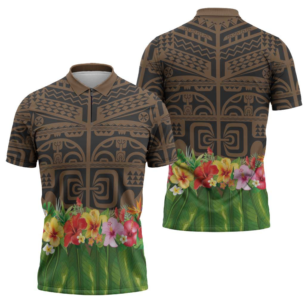 Hawaiian Hula Costume Zipper Polo Shirt Tribal Tattoo and Tropical Plants Skirt - Polynesian Pride