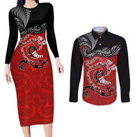 Personalised Aotearoa Toitu Te Tiriti Couples Matching Long Sleeve Bodycon Dress and Long Sleeve Button Shirt Taniwha Tribal Motifs
