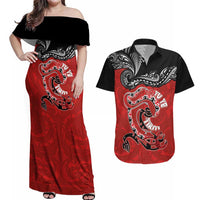 Personalised Aotearoa Toitu Te Tiriti Couples Matching Off Shoulder Maxi Dress and Hawaiian Shirt Taniwha Tribal Motifs