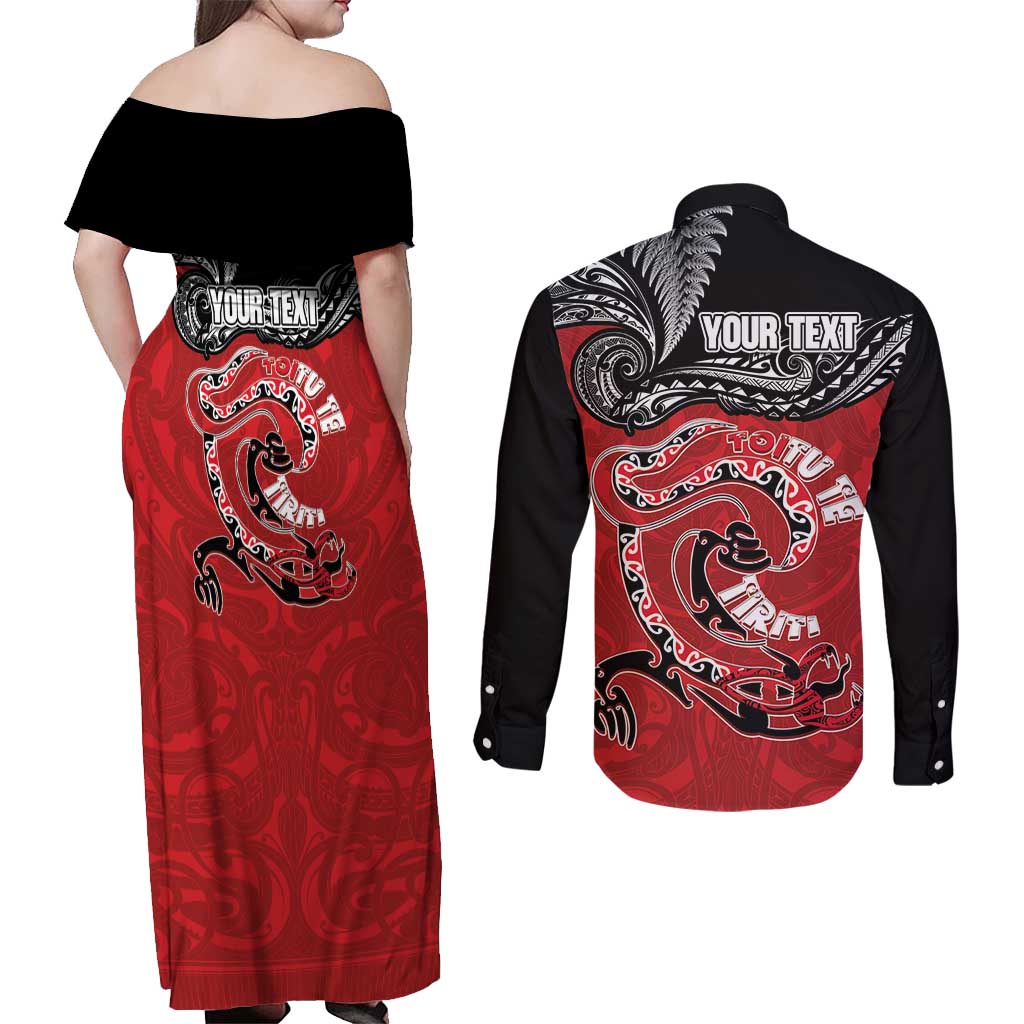 Personalised Aotearoa Toitu Te Tiriti Couples Matching Off Shoulder Maxi Dress and Long Sleeve Button Shirt Taniwha Tribal Motifs