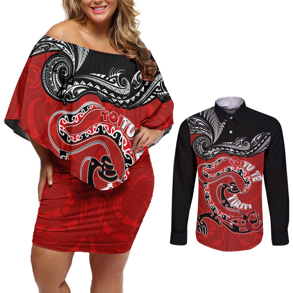 Personalised Aotearoa Toitu Te Tiriti Couples Matching Off Shoulder Short Dress and Long Sleeve Button Shirt Taniwha Tribal Motifs