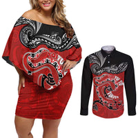 Personalised Aotearoa Toitu Te Tiriti Couples Matching Off Shoulder Short Dress and Long Sleeve Button Shirt Taniwha Tribal Motifs