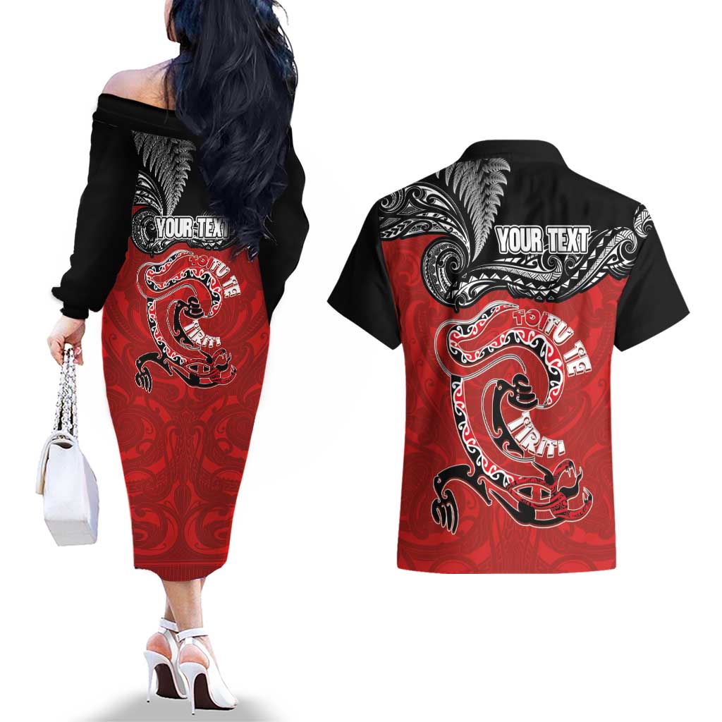 Personalised Aotearoa Toitu Te Tiriti Couples Matching Off The Shoulder Long Sleeve Dress and Hawaiian Shirt Taniwha Tribal Motifs
