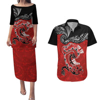 Personalised Aotearoa Toitu Te Tiriti Couples Matching Puletasi and Hawaiian Shirt Taniwha Tribal Motifs