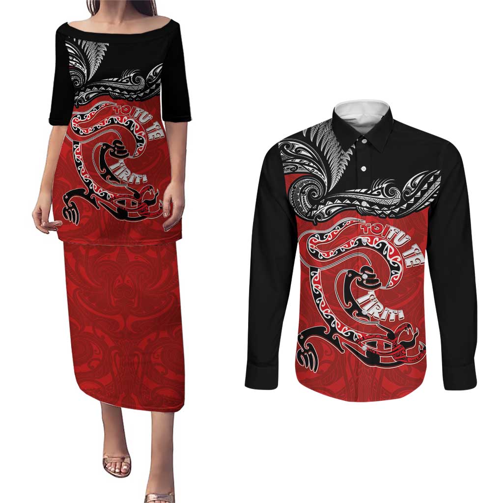 Personalised Aotearoa Toitu Te Tiriti Couples Matching Puletasi and Long Sleeve Button Shirt Taniwha Tribal Motifs