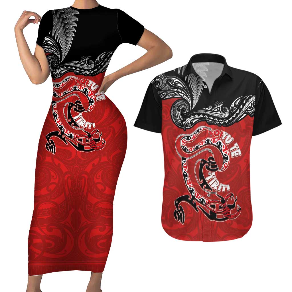 Personalised Aotearoa Toitu Te Tiriti Couples Matching Short Sleeve Bodycon Dress and Hawaiian Shirt Taniwha Tribal Motifs
