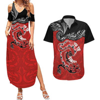 Personalised Aotearoa Toitu Te Tiriti Couples Matching Summer Maxi Dress and Hawaiian Shirt Taniwha Tribal Motifs