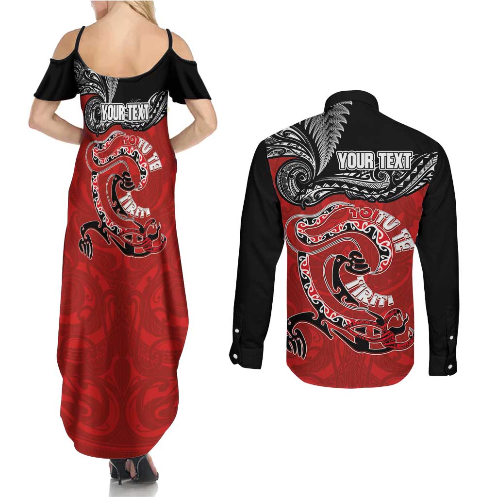 Personalised Aotearoa Toitu Te Tiriti Couples Matching Summer Maxi Dress and Long Sleeve Button Shirt Taniwha Tribal Motifs