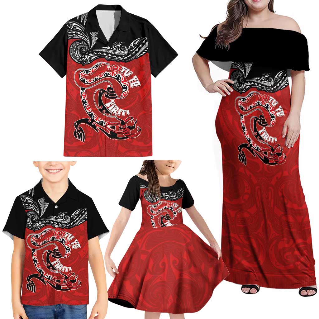 Personalised Aotearoa Toitu Te Tiriti Family Matching Off Shoulder Maxi Dress and Hawaiian Shirt Taniwha Tribal Motifs LT03 - Polynesian Pride