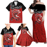 Personalised Aotearoa Toitu Te Tiriti Family Matching Off Shoulder Maxi Dress and Hawaiian Shirt Taniwha Tribal Motifs