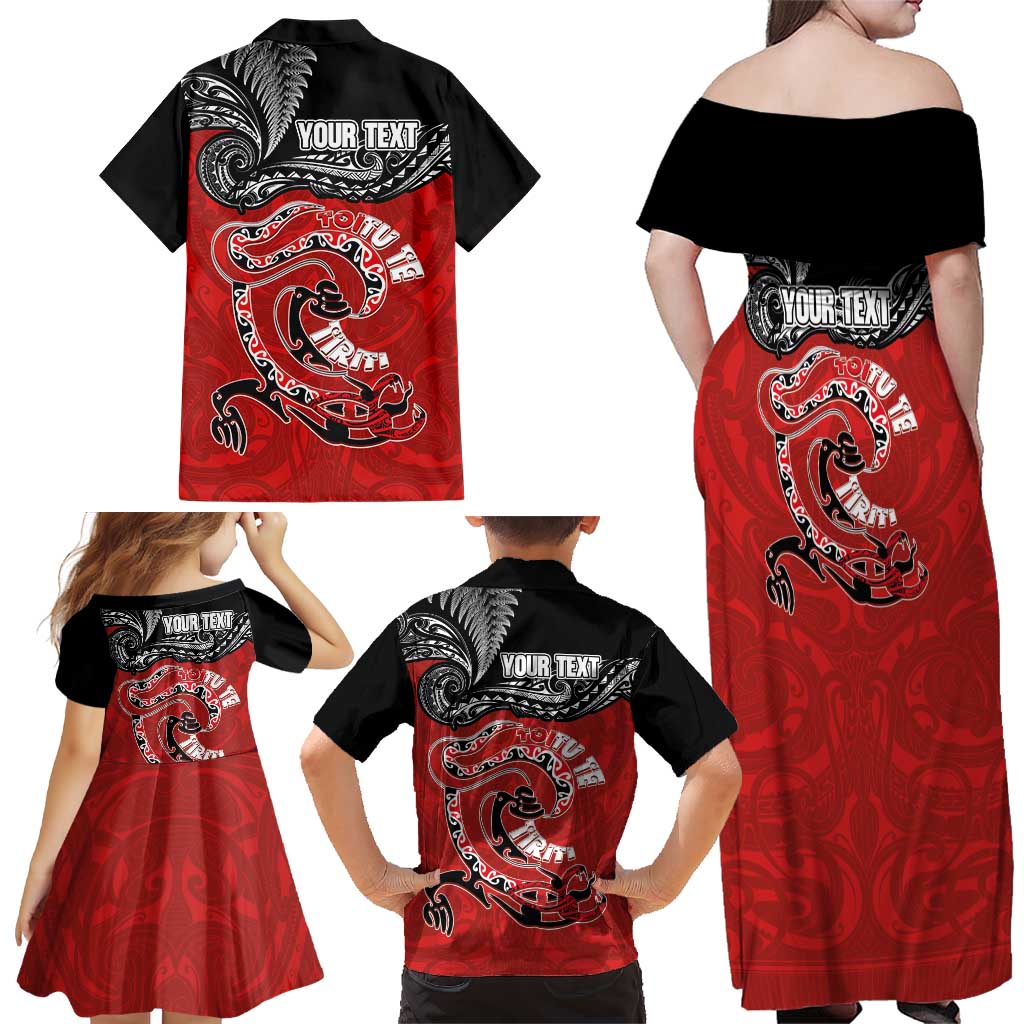 Personalised Aotearoa Toitu Te Tiriti Family Matching Off Shoulder Maxi Dress and Hawaiian Shirt Taniwha Tribal Motifs