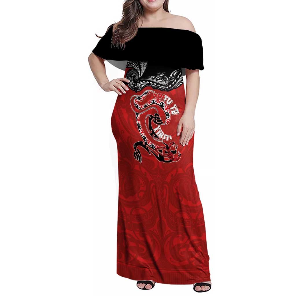 Personalised Aotearoa Toitu Te Tiriti Family Matching Off Shoulder Maxi Dress and Hawaiian Shirt Taniwha Tribal Motifs
