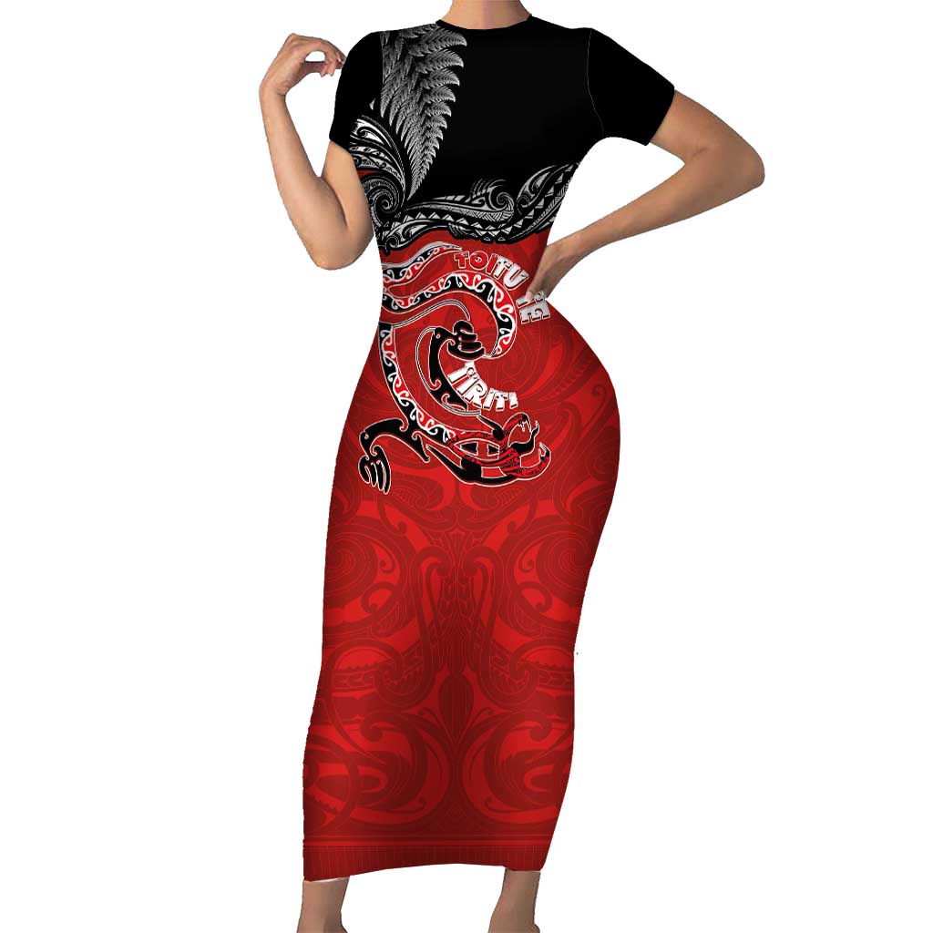 Personalised Aotearoa Toitu Te Tiriti Family Matching Short Sleeve Bodycon Dress and Hawaiian Shirt Taniwha Tribal Motifs