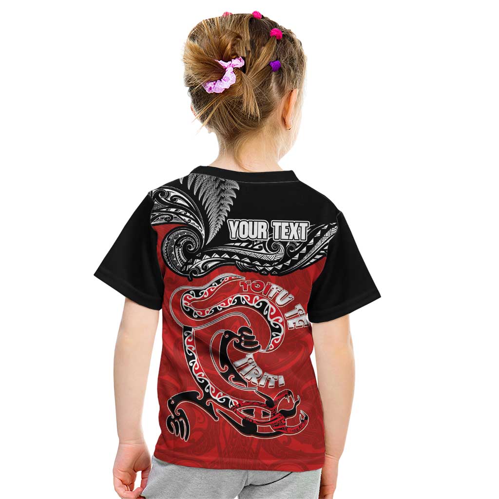 Personalised Aotearoa Toitu Te Tiriti Kid T Shirt Taniwha Tribal Motifs
