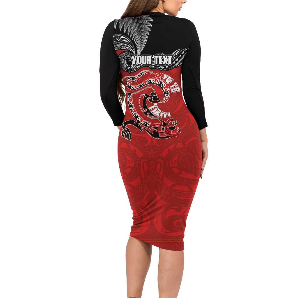 Personalised Aotearoa Toitu Te Tiriti Long Sleeve Bodycon Dress Taniwha Tribal Motifs