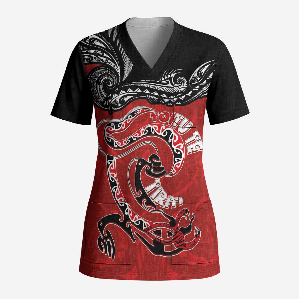 Personalised Aotearoa Toitu Te Tiriti Scrub Top Taniwha Tribal Motifs