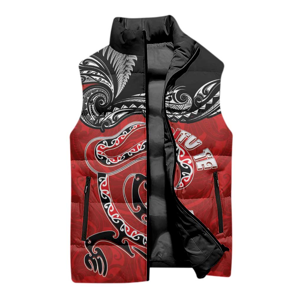 Personalised Aotearoa Toitu Te Tiriti Sleeveless Puffer Jacket Taniwha Tribal Motifs