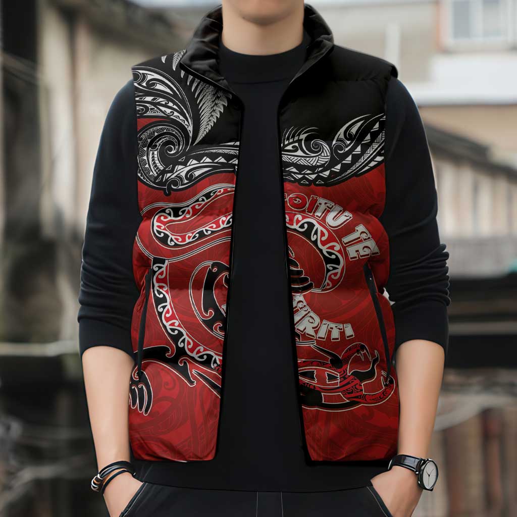 Personalised Aotearoa Toitu Te Tiriti Sleeveless Puffer Jacket Taniwha Tribal Motifs