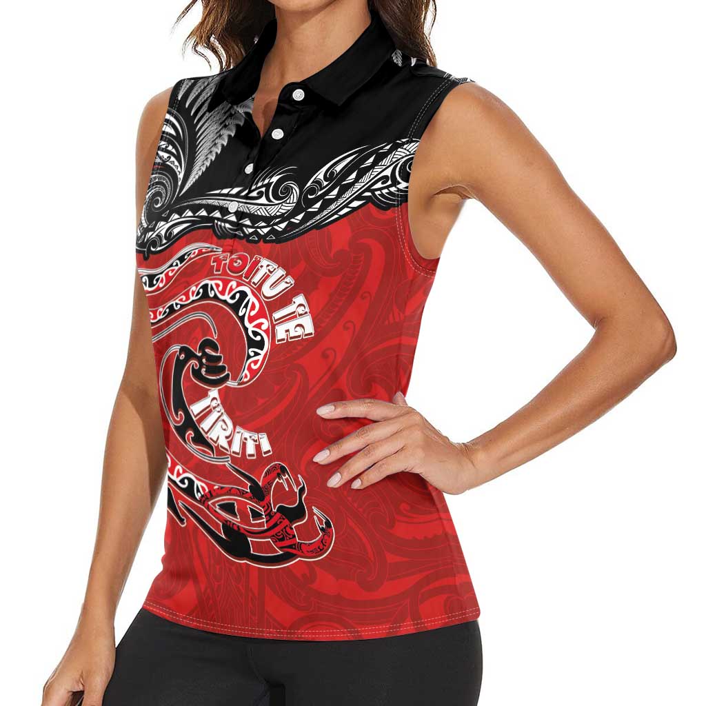 Personalised Aotearoa Toitu Te Tiriti Women Sleeveless Polo Shirt Taniwha Tribal Motifs