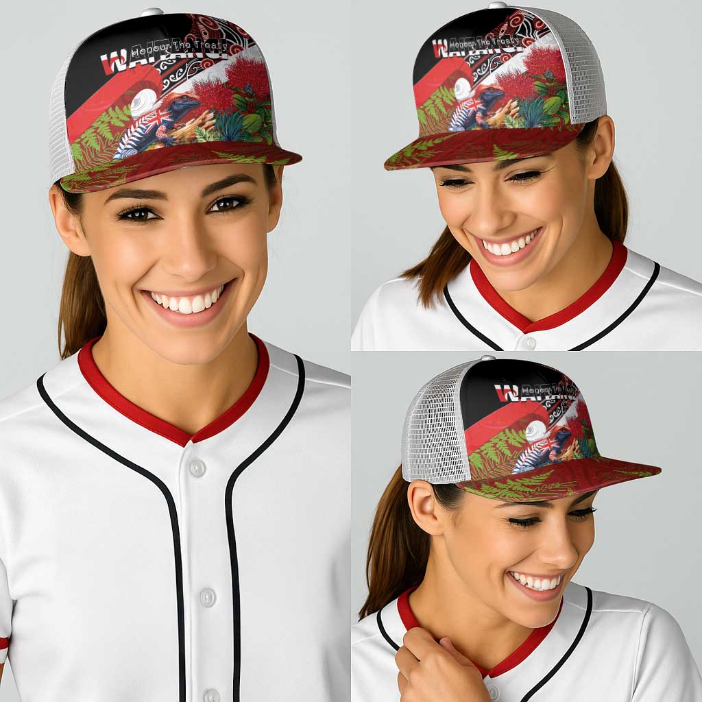 Aotearoa Toitu Te Tiriti Baseball Net Cap Waitangi-Honour The Treaty NZ Tuatara and Plants