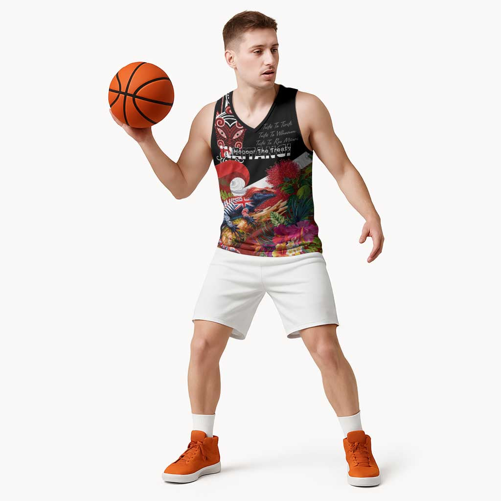 Aotearoa Toitu Te Tiriti Basketball Jersey Waitangi-Honour The Treaty NZ Tuatara and Plants