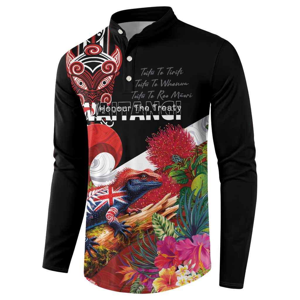 Aotearoa Toitu Te Tiriti Button Sweatshirt Waitangi-Honour The Treaty NZ Tuatara and Plants