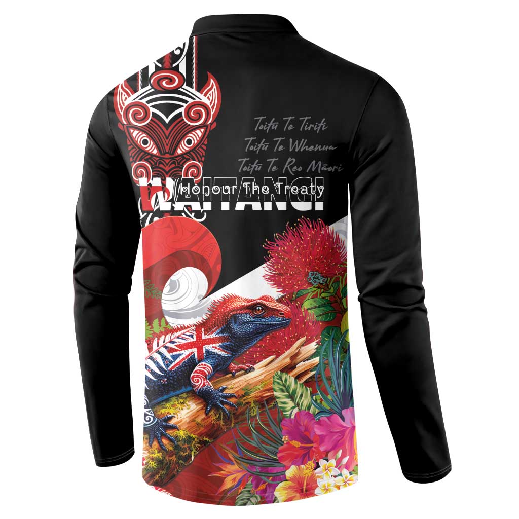 Aotearoa Toitu Te Tiriti Button Sweatshirt Waitangi-Honour The Treaty NZ Tuatara and Plants