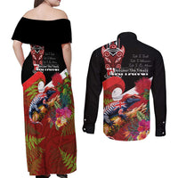 Aotearoa Toitu Te Tiriti Couples Matching Off Shoulder Maxi Dress and Long Sleeve Button Shirt Waitangi-Honour The Treaty NZ Tuatara and Plants