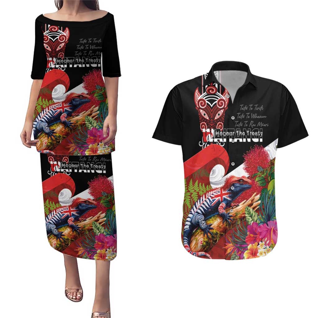 Aotearoa Toitu Te Tiriti Couples Matching Puletasi and Hawaiian Shirt Waitangi-Honour The Treaty NZ Tuatara and Plants