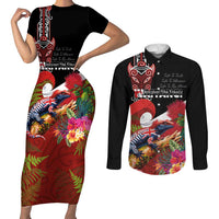 Aotearoa Toitu Te Tiriti Couples Matching Short Sleeve Bodycon Dress and Long Sleeve Button Shirt Waitangi-Honour The Treaty NZ Tuatara and Plants
