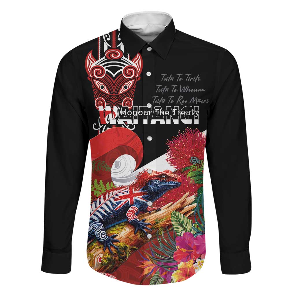 Aotearoa Toitu Te Tiriti Family Matching Off The Shoulder Long Sleeve Dress and Hawaiian Shirt Waitangi-Honour The Treaty NZ Tuatara and Plants