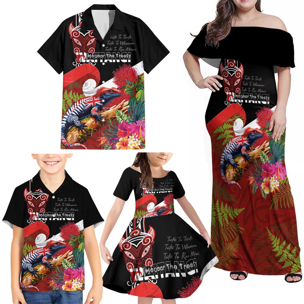 Aotearoa Toitu Te Tiriti Family Matching Off Shoulder Maxi Dress and Hawaiian Shirt Waitangi-Honour The Treaty NZ Tuatara and Plants